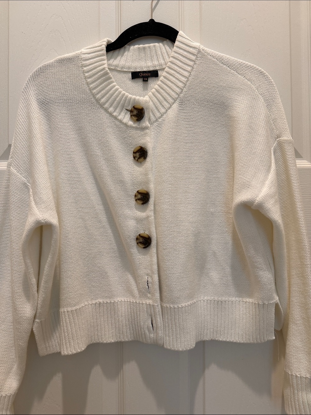 Quince Cream Cropped Button-Front Knit Cardigan with Tortoiseshell Buttons